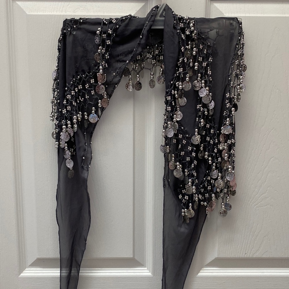 Q womens DSR gray dangly scarf